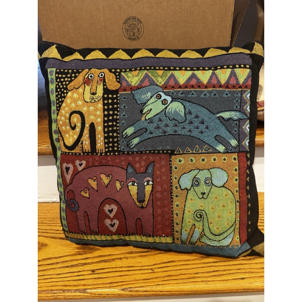 Laurel Burch Mythical Black Tapestry Pillow Colorful Cats Dogs 17x17 Throw Decor